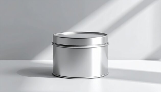 A pristine mockup of a round metal tin container on a surface