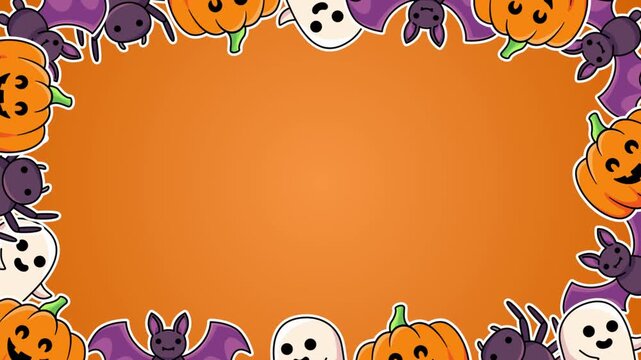 Halloween frame animation with cute pumpkins bats and ghosts forming a looping border on an orange background in landscape