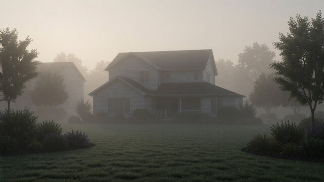 Das Haus wird aus derselben Perspektive in dichten Morgennebel geh&uuml;llt, wodurch eine ruhige und geheimnisvolle Stimmung entsteht. Die reduzierte Sichtweite betont den Wettereffekt.KI Generiert