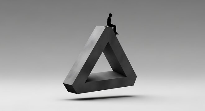 Man silhouette sits on impossible Penrose triangle paradox