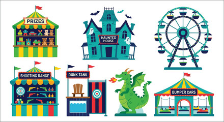 Carnival and haunted house vector illustration with prizes shooting range dunk tank bumper cars and ferris wheel amusement park fairground festival funfair © Victoria hub