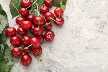 Fototapeta premium Ripe cherries and leaves on light grey table, flat lay. Space for text