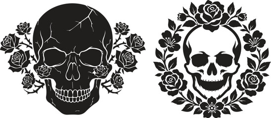 Fototapeta premium Cracked skull with roses and floral wreath frame vector set