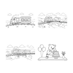 Obraz premium Educational coloring page for children featuring multiple train scenes and a happy teddy bear preparing a birthday cake with balloons for party celebration
