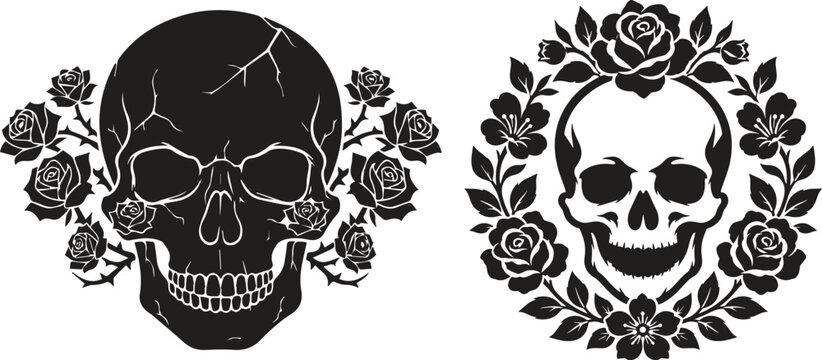 Cracked skull with roses and floral wreath frame vector set