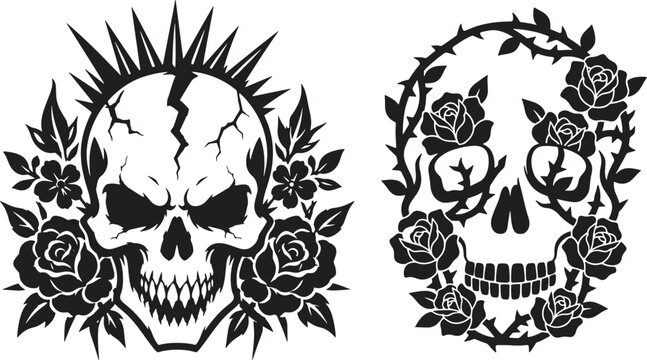 Punk rock mohawk skull and floral rose thorn skull vector set