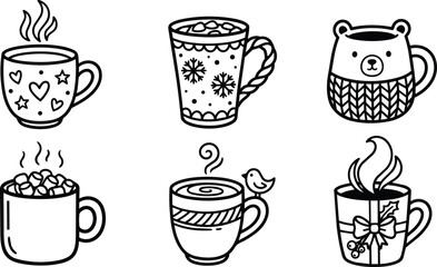 Obraz premium Black and white winter mugs with hearts snowflakes bear and holly decorations vector art