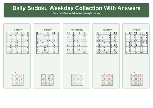 Daily Sudoku puzzles with answers for weekdays from Monday to Friday  