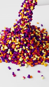 White polypropylene plastic granules pouring from a cup onto a resin pellet pile on white background, 3D render dynamic Vertical video.