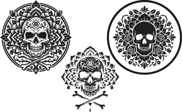 Sugar skull with crossbones and mandala floral patterns vector set