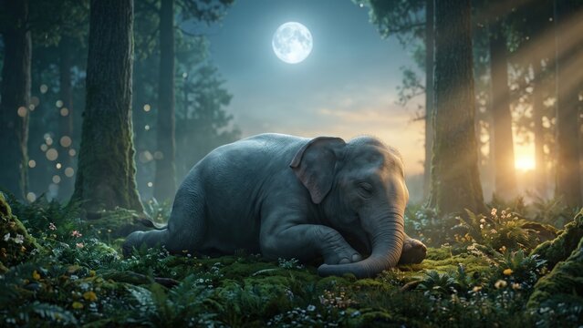 Sacred Elephant in Moonlit Forest &ndash; Divine Origin of Lord Ganesha