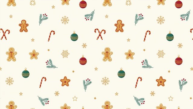 Christmas seamless pattern with gingerbread men, candy canes, red and green baubles, snowflakes, and stars on a light cream background