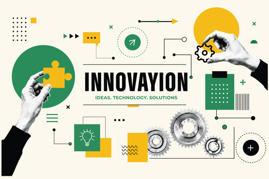 Halftone Collage with Hand Holding Puzzle Piece and Gear. Innovation Ideas Technology Solutions Concept. Business Strategy and Teamwork in Retro Pop Art Style