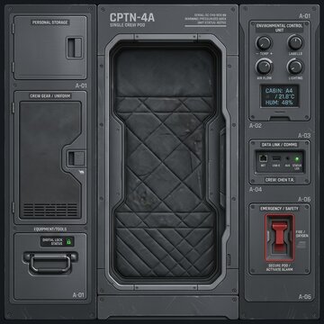 Detailed futuristic spaceship single crew pod interior with various control panels, storage, data links, environmental display, and emergency safety features.