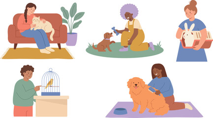 Fototapeta premium Pet Care Activities Collection With People and Domestic Animals Flat Vector Illustration Set.