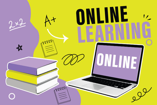 Halftone Collage with Laptop and Stack of Books. Online Learning Typography Concept. Distance Education and E-Learning in Retro Comic Style with Notebook and Doodle
