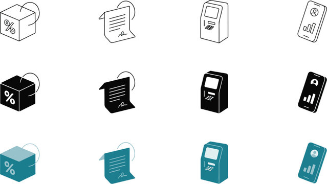 Isometric business banking finance icon set discount box contract agreement atm mobile dashboard vector