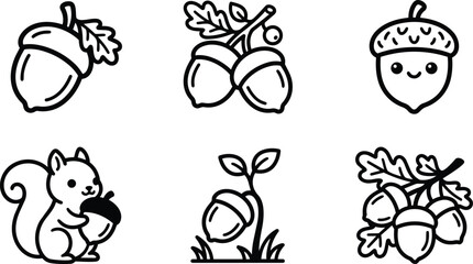 Fototapeta premium Black and white acorn and squirrel line art icons set