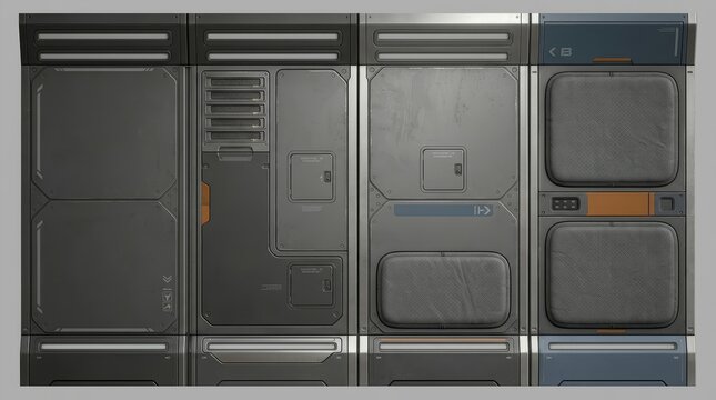 Detailed futuristic sci-fi panel texture. High-tech industrial metal background with vents, lights, and complex elements. Ideal for digital projects. Generative AI.