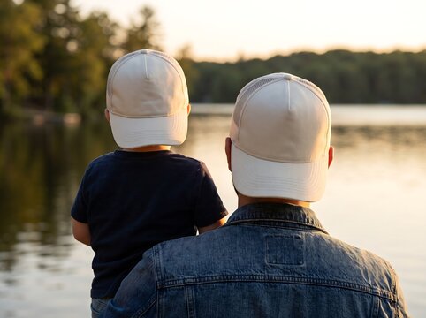 Father and son wearing matching trucker hats by the lake at sunset with matching outdoors together