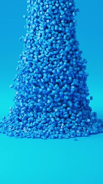 Blue polypropylene plastic granules pouring into a glass cup, industrial masterbatch resin pellets, 3D render dynamic Vertical video.