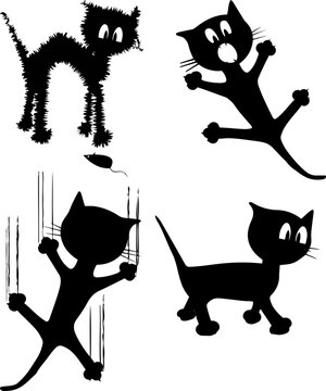 Collection of funny black outline illustrations featuring a frightened cat with exaggerated expressions, scared of a tiny mouse and everything around it. Perfect for coloring pages, stickers, logos, a