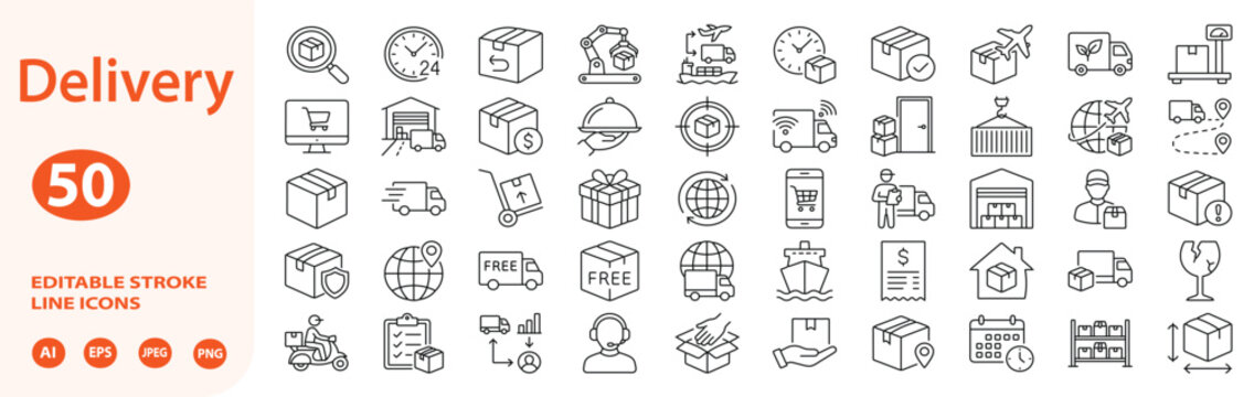 Delivery line editable icon set. shipping logistics cargo truck transport courier, ecommerce order package box tracking drone, global ship warehouse route free return. Editable stroke. Vector illustra