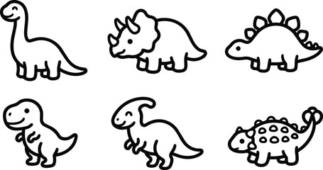 Cute black and white line art six dinosaur cartoon icons vector illustration © Royal Ability