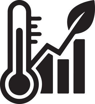 Thermometer graphic paired with a rising bar chart and a leaf signifies the positive correlation between energy efficient temperature regulation and environmental conservation efforts in business.