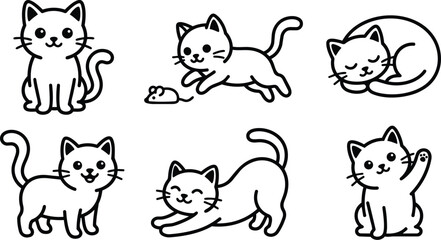 Obraz premium Black and white line art cute cats in various poses vector set