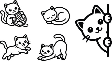 Obraz premium Cute black and white line art cats playing sleeping and peeking