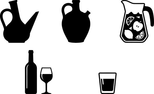 Spanish Wine and Sangria Drink Silhouette Icon Set with Porron Wine Decanter Botijo Clay Jug Pitcher Bottle Glass and Tumbler Vector Illustration