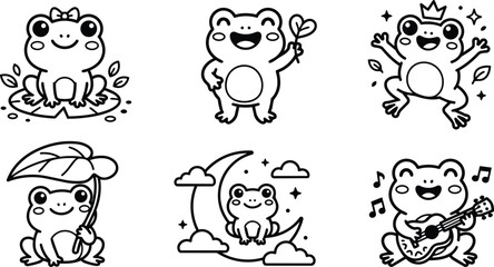 Fototapeta premium Cute black and white frog characters with accessories and moon flat line art