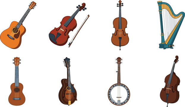 Hand Drawn String Musical Instruments Collection with Guitar Violin Harp Banjo Mandolin Ukulele and Double Bass