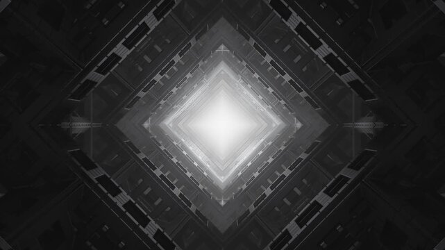 Glowing triangle moving in a sci-fi tunnel. Hypnotic background of 3D animation with random neon shapes. Abstract futuristic hi-tech motion background seamless loop for VJ screens