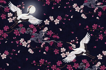 Obraz premium Dark seamless pattern with two white cranes flying in front of a full moon surrounded by blooming red cherry blossom branches and clouds