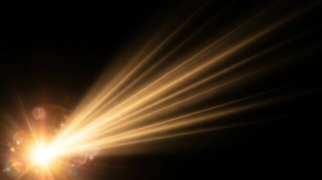 Bright golden light beam shining from corner. Abstract glowing flash with lens flare effect on black background. Magical radiance, burst of energy and spotlight rays for design.