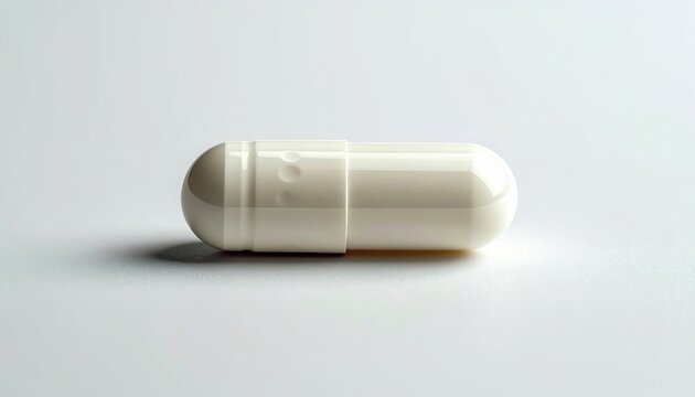 White pill capsule isolated: A minimalist clean shot of a single white medical pill capsule, isolated on a white background.