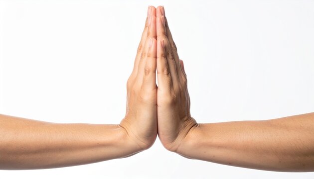 A close-up shot of two female hands pressed together gently in a traditional namaste prayer or yoga gesture, isolated on a pure white background.