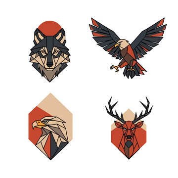 Set of geometric polygonal animal portraits with wolf eagle and deer illustrations.