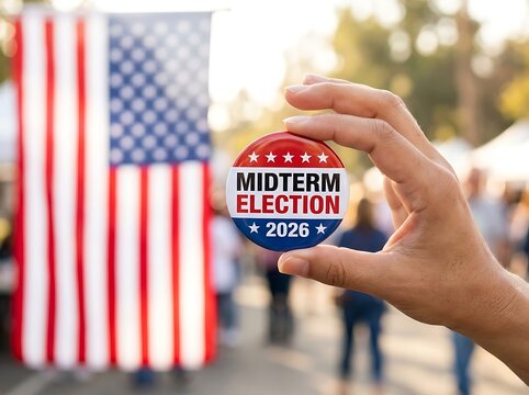 Hand holding Midterm Election 2026 button with American flag backdrop. Voter displaying political campaign badge at outdoor rally during election s...