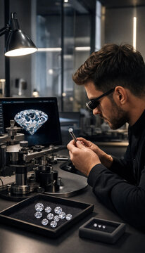 Professional gemologist examining diamond clarity and cut with magnifying glass in studio gemologist magnifying inspection gemstone valuation precious professional craftsmanship