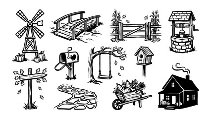 Autumn farm and countryside elements vector set with windmill, well, farmhouse, and harvest wheelbarrow for rustic design © Artastic