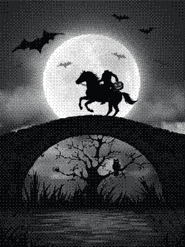 Headless horseman riding over a bridge under a full moon pixel art