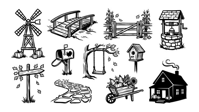 Autumn farm and countryside elements vector set with windmill, well, farmhouse, and harvest wheelbarrow for rustic design
