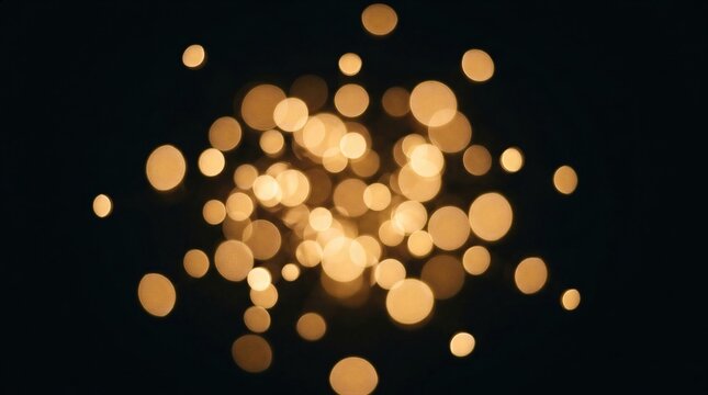 Golden bokeh lights circles on dark background. Abstract glowing festive texture. Defocused warm particles for background design, holiday celebration, Christmas magic and party mood.