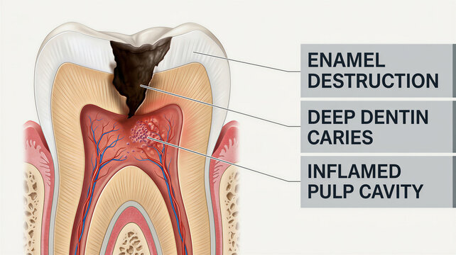 Unveiling the destructive path of dental caries reaching the inflamed vital pulp