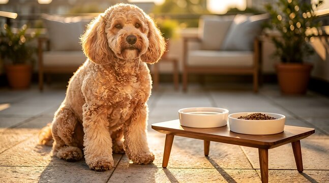 Golden Retriever Dog Sitting on a Patio with Food and Water Bowls Ready.