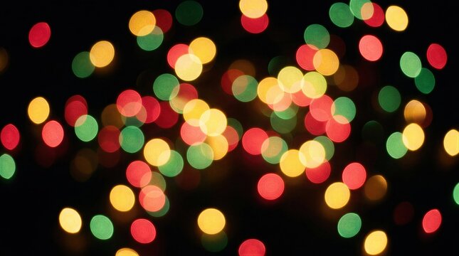 Colorful bokeh circles on dark background. Abstract blurred Christmas light pattern. Glowing yellow, red, and green lights for festive holiday background and celebration wallpaper design.