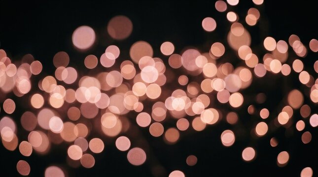 Abstract glowing pink bokeh circles on dark background. Soft blurred festive lights for holiday decoration. Defocused gold light shimmer for celebration, party, wedding or christmas event.